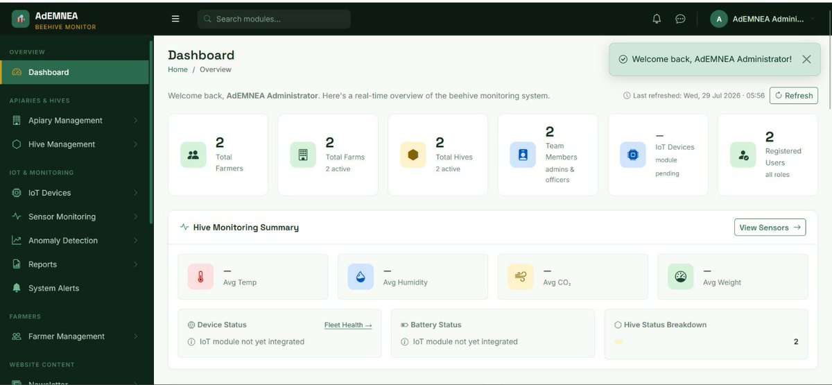 AloysiousMus's tweet photo. Bridging traditional farming and Industry 4.0, one line of code at a time for @IoTraLab. 
​From heavy IoT sensor data,all packed into a sleek, real-time apiary dashboard.
​#InternshipAtIoTraLab
#AdEMNEAProject
#SmartConnections
#MakerereUniversity https://t.co/JRHAhthmTA