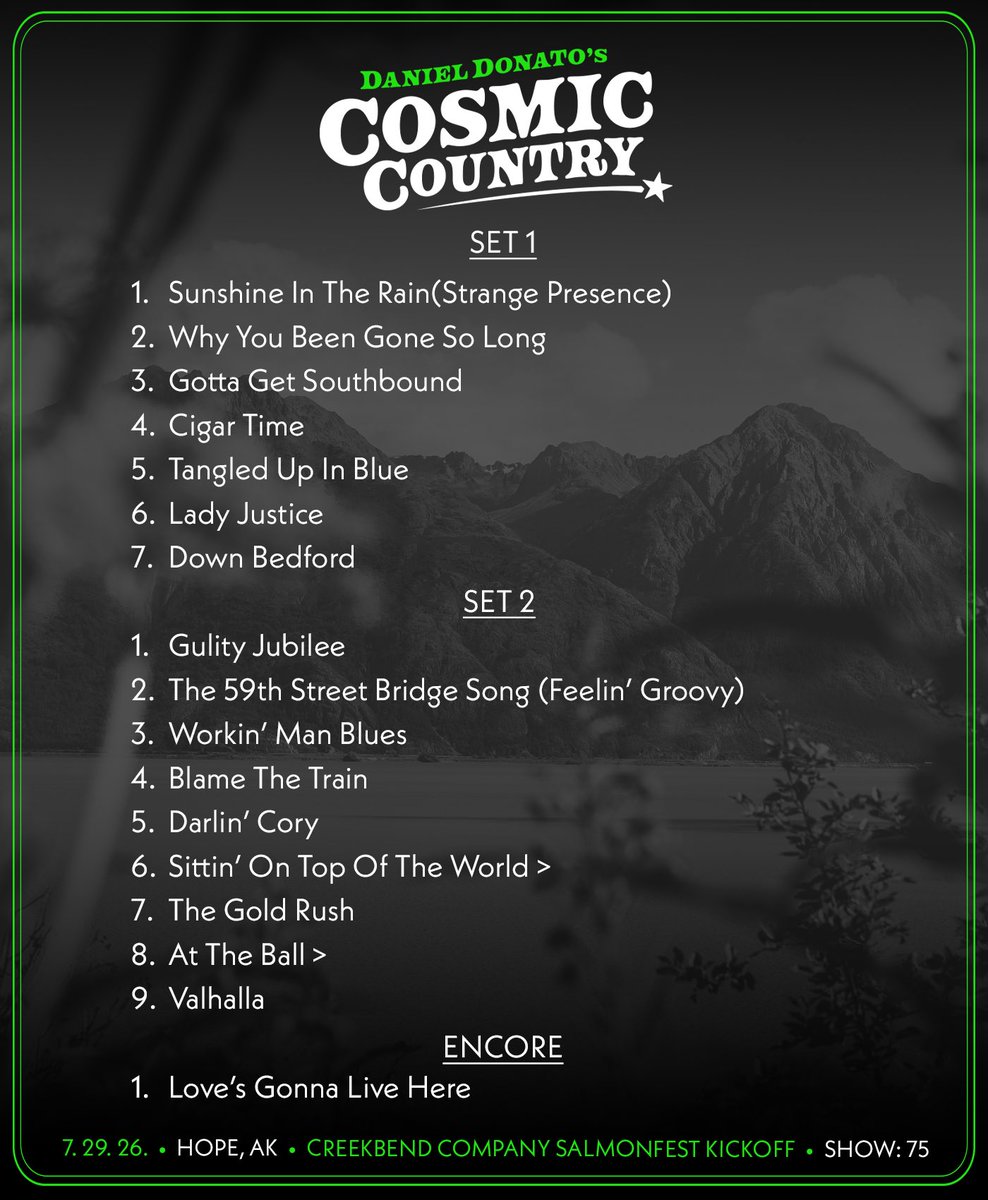 danieljdonato's tweet photo. 7/29/2026 Hope, AK 

🥕 Head to https://t.co/jE59UT0nOn to stream the show, for Setlist Saloon and all tour happenings…

✨ Pre-Order for the vinyl of our first live and album and tickets to The Ryman on 8/28 and 8/29 are on https://t.co/f3IBW1rBqN! 

#cosmiccountry https://t.co/X29UfJS7iB