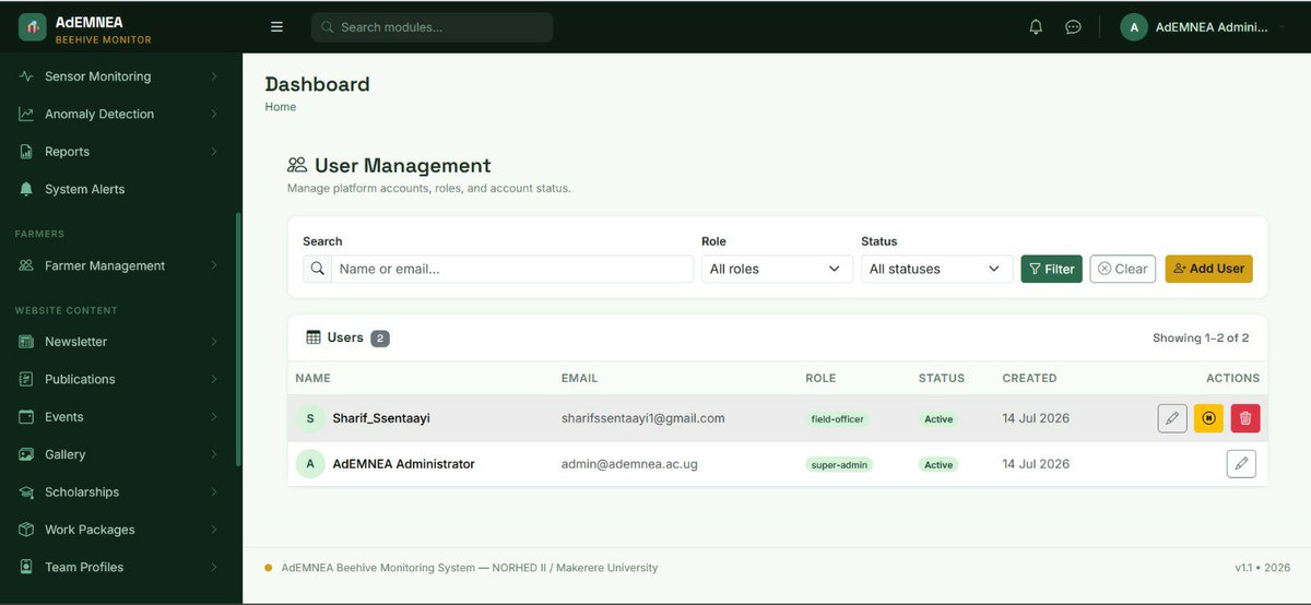 AloysiousMus's tweet photo. Bridging traditional farming and Industry 4.0, one line of code at a time for @IoTraLab. 
​From heavy IoT sensor data,all packed into a sleek, real-time apiary dashboard.
​#InternshipAtIoTraLab
#AdEMNEAProject
#SmartConnections
#MakerereUniversity https://t.co/JRHAhthmTA