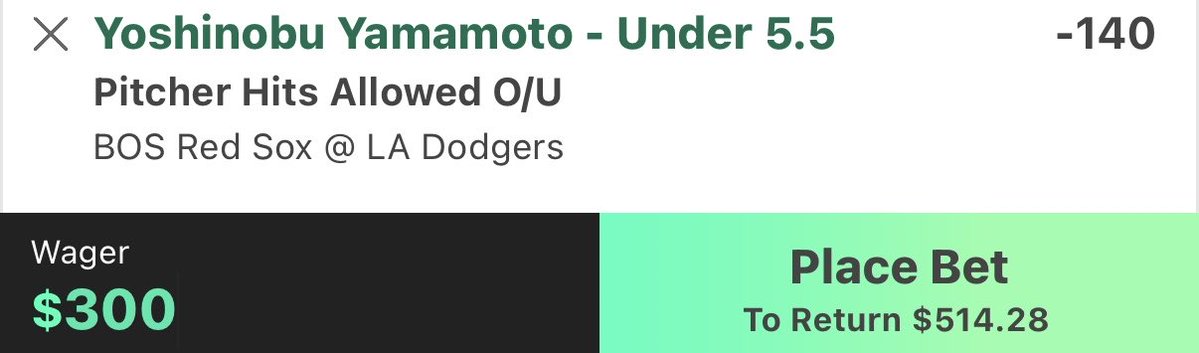 dylans_picks's tweet photo. I’m so sorry about yesterday yall - let’s get some of our losses back tonight!

3 Units, -140 on Yamamoto Under 5.5 Hits Allowed ⚾️

Yoshi should have a game tonight. He’s cleared this line in 79% of games this year, and Boston is the 21th ranked batting team this year.

It’s also notable that Yoshi has never faced the Red Sox, which gives him even more of an edge in this spot ⭐️!