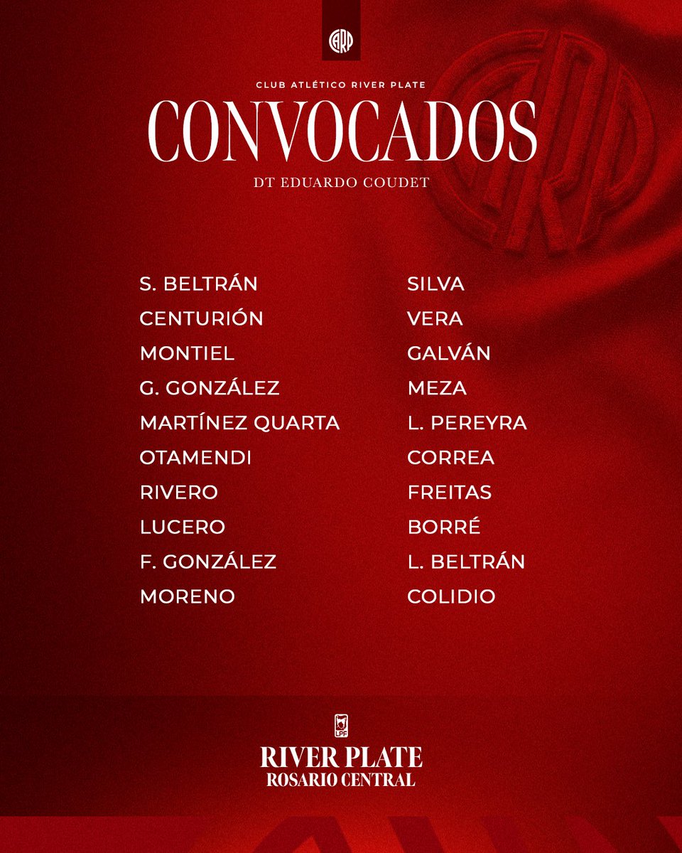 RiverPlate's tweet photo. 📝 Los convocados por Eduardo Coudet para recibir a Rosario Central en el Mâs Monumental por la fecha 3 del Torneo Clausura 2026 ⚽

#VamosRiver ⚪🔴⚪ https://t.co/I2VyJDgQQ8