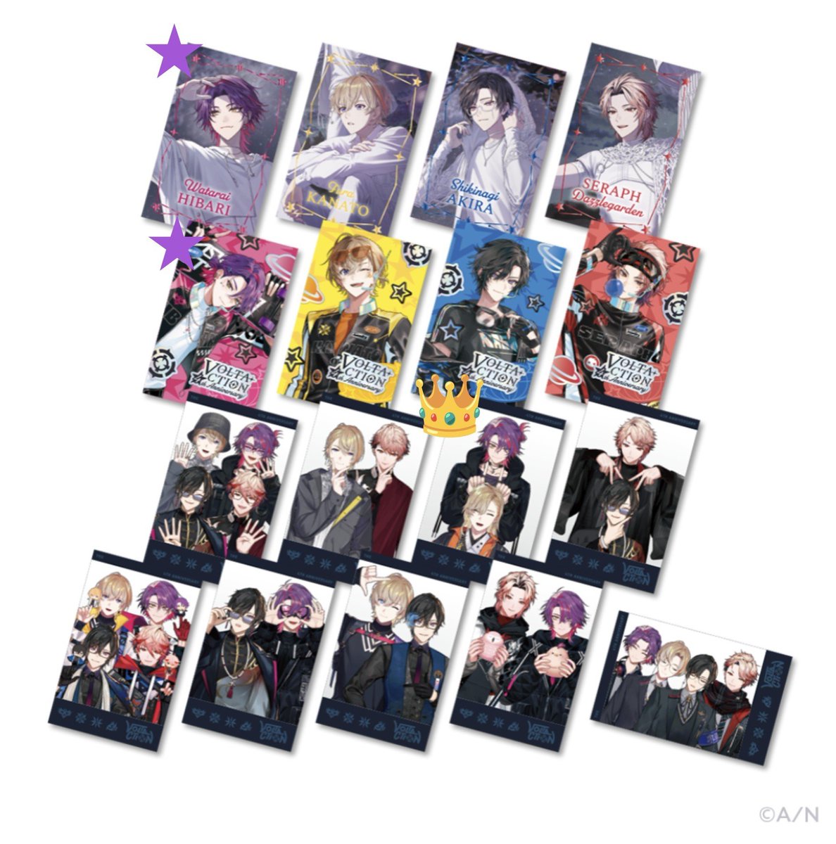 yossan_sub's tweet photo. 【交換】VOLTACTION 4th Anniversary　チェキ　特典星型カード
譲»🍝🍷、🦉🎻、📄
求»3、4枚目マーク付きの絵柄
※最優先は👑
※同種同士のみ交換希望
郵送での交換希望です。
どうぞよろしくお願いします。 https://t.co/pQ6w96vahA