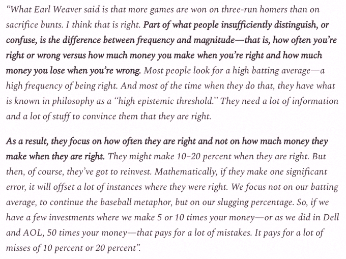 clopezm9's tweet photo. Bill Miller on batting average vs. slugging. "People don't separate frequency from magnitude enough—how often you're right or wrong, versus how much you gain when you're right and lose when you're wrong." https://t.co/YFxl8sXRfM