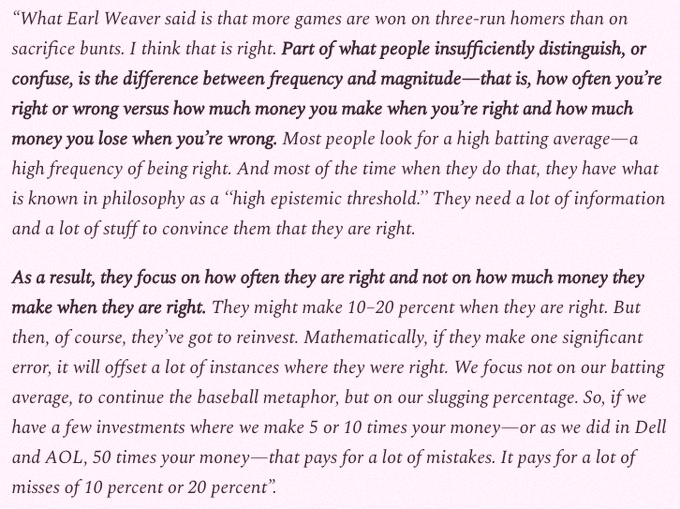 enocxio's tweet photo. Bill Miller breaking down batting vs. slugging average.

"People don't really separate frequency from magnitude - how often you're right or wrong vs. how much you gain when right and lose when wrong." https://t.co/YgJ58M9agi