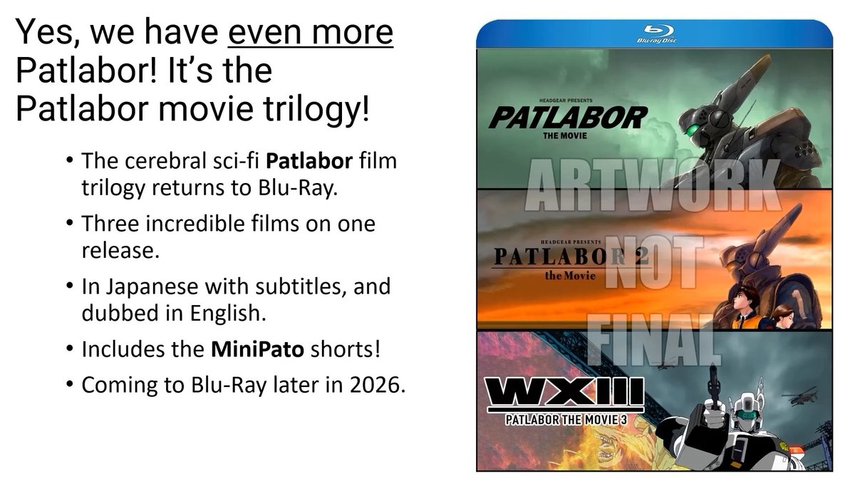 discotekmedia's tweet photo. Patlabor: The Movies!

Featuring the 3 theatrical Patlabor films!

Plus the 3 MiniPato shorts!

Subbed &amp; dubbed.

An amazing set for fans new &amp; old! https://t.co/6FG91ldjX5