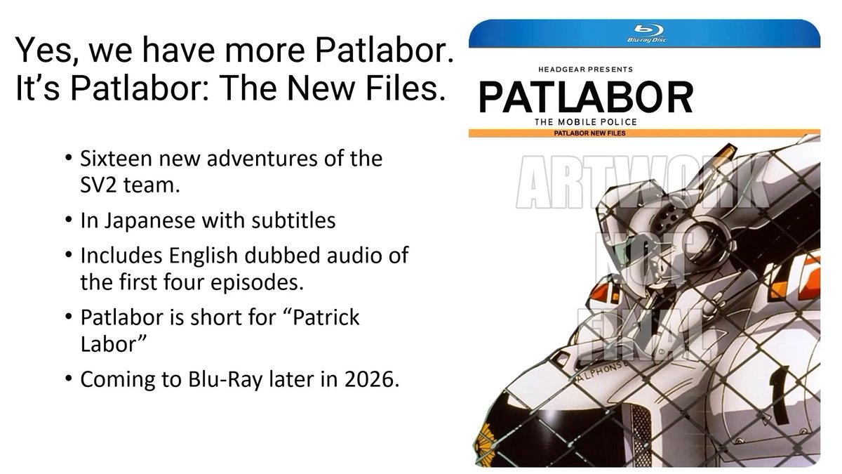 discotekmedia's tweet photo. Patlabor: The New Files!

The OVA continuation of the TV series is also coming with a new set!

This is subbed, plus the existing dub of the 1st 4 episodes that conclude a plot thread from the TV series. https://t.co/Eca7qDWelW