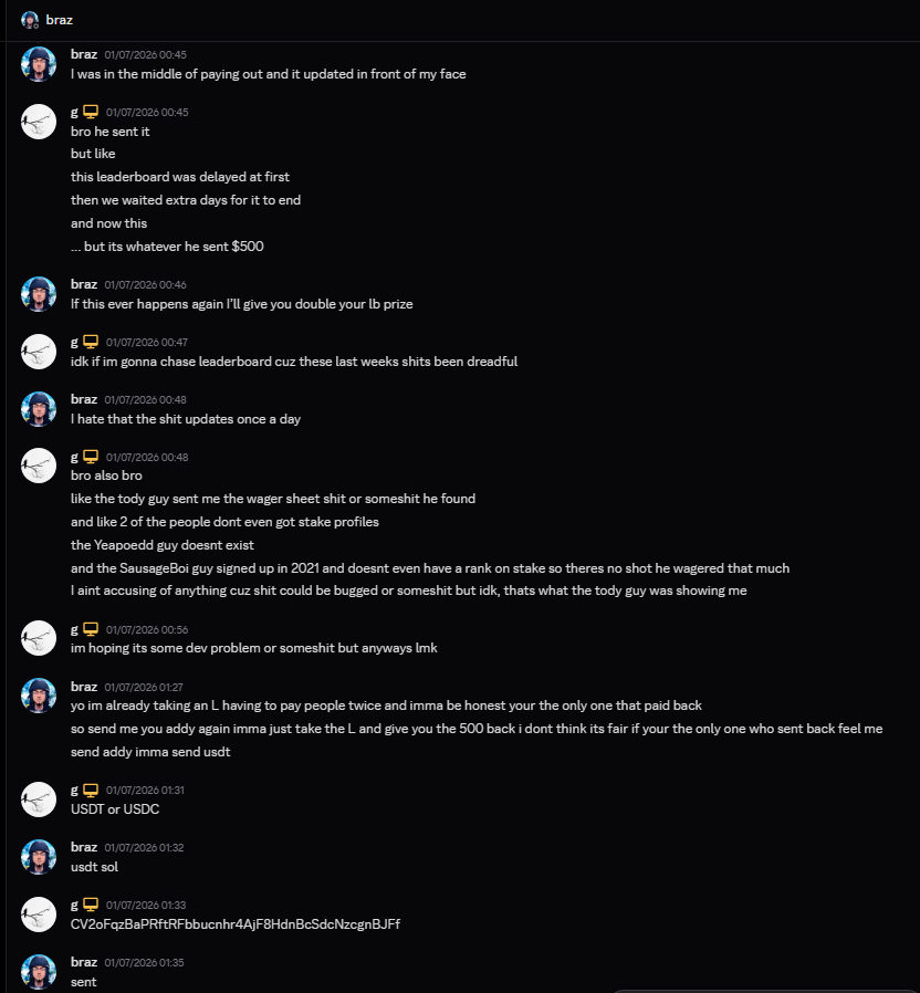 Headlightslol's tweet photo. 5/ 
After all was done I had brought the topic up in his Discord server general chat and was attempting to notify as much people about this scam and was unfortunately banned by one of his discord staff members. Braz had also banned me completely from his VIP affiliate discord, and even his Kick channel... Braz's staff members had attempted to clear the air up  in his community by saying that Braz was scammed by his own website developer which once again was a full out lie.

Additional information / related images attached below

SAME THING HAD OCCURED ~3 WEEKS PRIOR TO MONTHLY LB SCANDAL
Around July 1st, 2026 when Braz's first leaderboard (Weekly $5,000) on his stake deal ended, where the same scenario occurred where he added fake players to his leaderboard and Braz had paid me out early had literally forgot that his fabricated wager sheet refreshes at 1am... and asked for the money back which I sent back because I was stupid but after I called him out which you can see in the discord image below he sent the money back and paid me that leaderboard in full. but since he ultimately paid me out as the correct position/payout, I didn't think much of it and truly thought he wouldn't do it again in the future but I was wrong.

This is not the first time Braz had done some scummy shit like this... Braz has also rugged his own community a few times during the blowup of meme coins which two posts about this can be found out at the links below.

https://t.co/eYuFjGHZcE

https://t.co/rhwBVr9YbR

A Leaderboard image attached below showing the original $10,000 payout format and the #1, #2, #4, #5 players that had fabricated wager.  (I am #3 and was paid out $150 but truly should have been $1,500)

A image in the VIP affiliate discord where I had confronted him about the payout decrease on his leaderboard and he said he would "make up" for this but had banned me from his community fully so not sure how he can "make it up" to me now...

Another image where he had later deleted the comment where he "asked stake" to confirm the players were legit but he had later deleted it in my DMs with him but thankfully I took a picture of the chat.