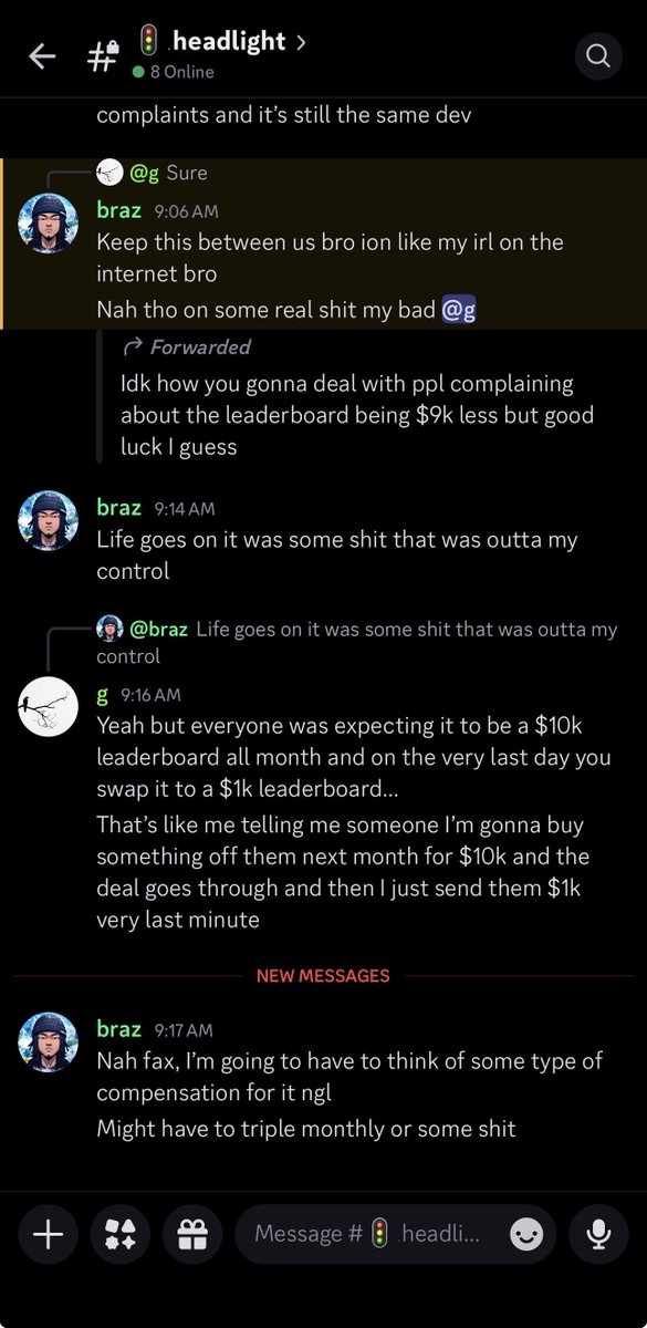 Headlightslol's tweet photo. 5/ 
After all was done I had brought the topic up in his Discord server general chat and was attempting to notify as much people about this scam and was unfortunately banned by one of his discord staff members. Braz had also banned me completely from his VIP affiliate discord, and even his Kick channel... Braz's staff members had attempted to clear the air up  in his community by saying that Braz was scammed by his own website developer which once again was a full out lie.

Additional information / related images attached below

SAME THING HAD OCCURED ~3 WEEKS PRIOR TO MONTHLY LB SCANDAL
Around July 1st, 2026 when Braz's first leaderboard (Weekly $5,000) on his stake deal ended, where the same scenario occurred where he added fake players to his leaderboard and Braz had paid me out early had literally forgot that his fabricated wager sheet refreshes at 1am... and asked for the money back which I sent back because I was stupid but after I called him out which you can see in the discord image below he sent the money back and paid me that leaderboard in full. but since he ultimately paid me out as the correct position/payout, I didn't think much of it and truly thought he wouldn't do it again in the future but I was wrong.

This is not the first time Braz had done some scummy shit like this... Braz has also rugged his own community a few times during the blowup of meme coins which two posts about this can be found out at the links below.

https://t.co/eYuFjGHZcE

https://t.co/rhwBVr9YbR

A Leaderboard image attached below showing the original $10,000 payout format and the #1, #2, #4, #5 players that had fabricated wager.  (I am #3 and was paid out $150 but truly should have been $1,500)

A image in the VIP affiliate discord where I had confronted him about the payout decrease on his leaderboard and he said he would "make up" for this but had banned me from his community fully so not sure how he can "make it up" to me now...

Another image where he had later deleted the comment where he "asked stake" to confirm the players were legit but he had later deleted it in my DMs with him but thankfully I took a picture of the chat.