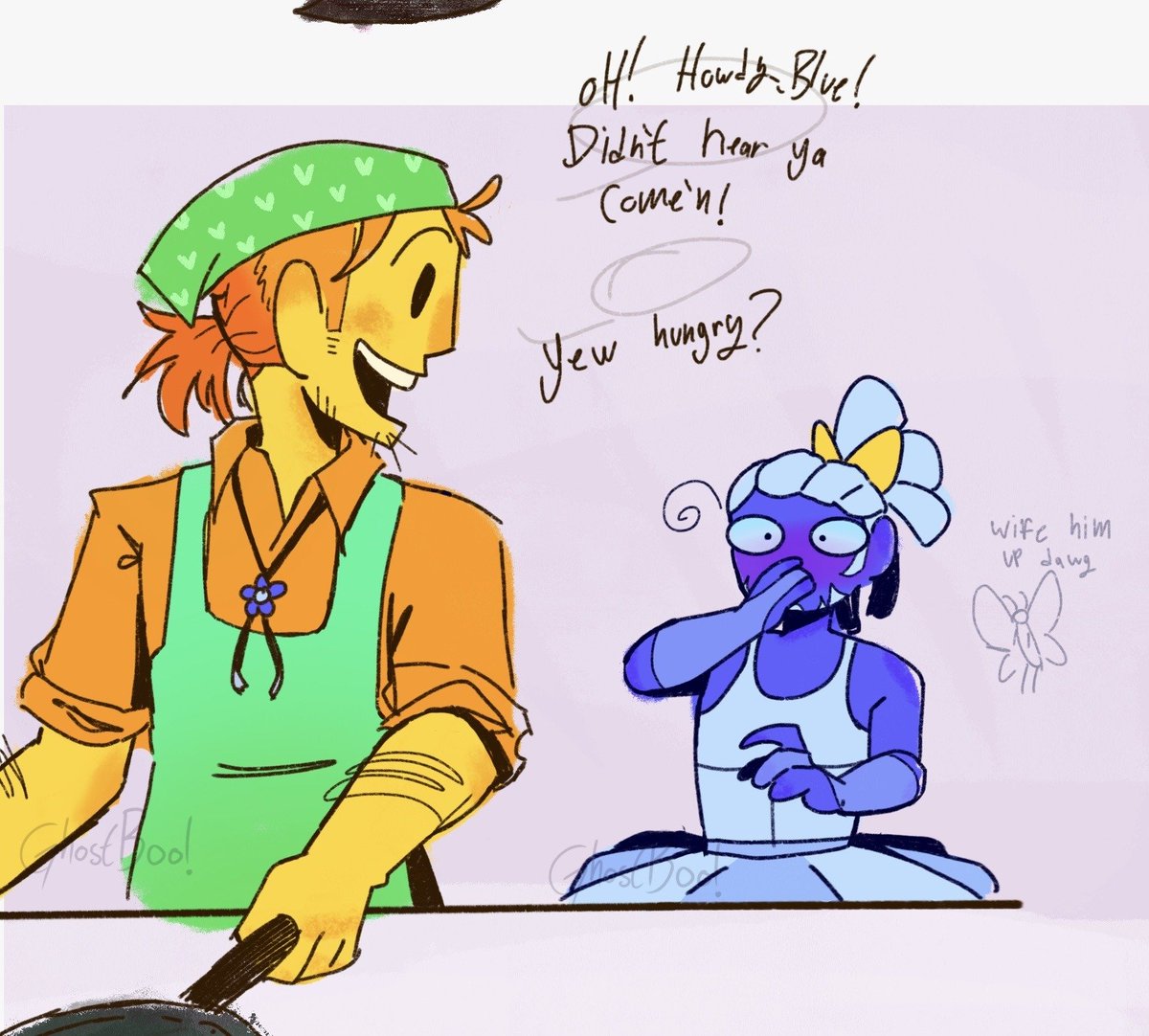 sleepyCRT's tweet photo. Turns out the yeller boy can cook!  So long as he has a book to follow, hehe

These were quick wittle sketches that I colored and attempted to give a background for before giving up

Mr. Butterfly has opinions https://t.co/PU22Q5xu4X
