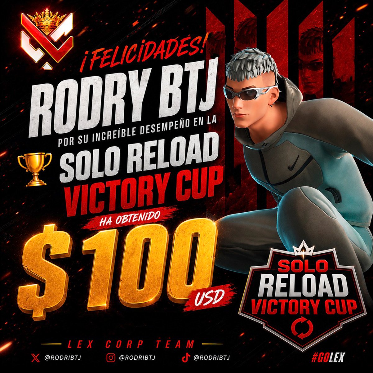 lexcorpteamgg's tweet photo. Felicidades a nuestro player @rodribtj Por obtener $100 usd en la SOLO RELOAD VICTORY CUP!
#golex https://t.co/tKHjg14y5b