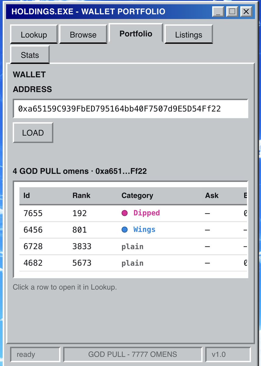 md_codes's tweet photo. Added a portfolio tab to my @thegodpull community tool. Just paste your wallet to check holdings and rarity.

https://t.co/uqUZMxxeDJ

Shoutout to @0itsali0 and @HalfxTiger (and @luckystrikedirt sale bot) for building temporary checkers too. Spot-checked a few Omens and glad to see we all hit the exact same rarity math.