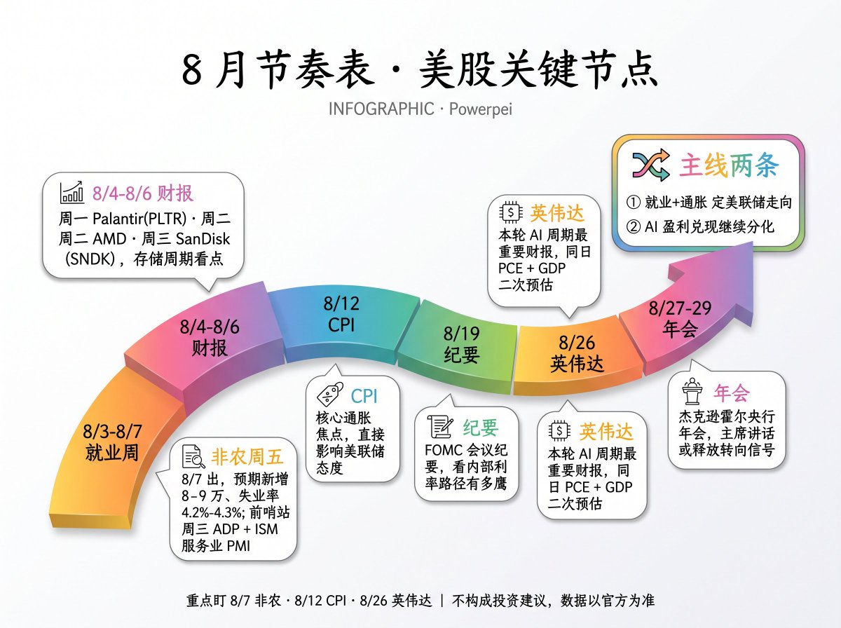 PWenzhen76938's tweet photo. 上周亚马逊一个人把指数抬起来，但市场广度很差，大多数股票其实在跌
这种靠单票硬撑的格局能不能延续，8 月会给答案

这个月的节奏很密
我把自己最关注的东西整理了一下

//

下周（8/3-8/7）最重要的事：非农

周五 8 月 7 日出7月非农就业报告
市场预期新增大概8-9 万人，失业率 4.2%-4.3%

上周美联储刚按兵不动，但措辞偏鹰
非农数据直接决定市场怎么定价9月的利率路径
数据过热，加息预期回来，成长股承压
数据偏弱，降息叙事升温，科技股反而受益。

周中还有两个前哨站：周三的 ADP 就业报告和 ISM 服务业 PMI
如果这两个先出问题，周五非农的波动会被放大。

//

下周财报我盯着几个：

周一盘后 Palantir（PLTR）
AI 软件应用这边的龙头，看它增长和指引能不能继续超预期。

周二盘后 AMD
上周英伟达和亚马逊已经给了正面信号，AMD 能不能跟上决定半导体板块情绪。

周三 SanDisk（SNDK）
存储芯片，跟我一直关注的存储周期逻辑直接相关
上周美光和闪迪冲高回落，这份财报能不能稳住信心很关键。

//

8 月剩下的超级节点：

8/12 CPI
核心通胀还是焦点，直接影响美联储态度

8/19 FOMC 会议纪要。看内部对利率路径的讨论到底有多鹰。

8/26 英伟达财报。不用多说，本轮 AI 周期最重要的一份财报。指引会主导整个半导体和科技板块的情绪
同一天还有 PCE 物价指数和 GDP 二次预估。

8/27-29 杰克逊霍尔央行年会。美联储主席讲话，历史上经常在这里释放政策转向信号。

//

我的整体判断：

8 月的主线就两条。第一条是就业+通胀数据决定美联储走向，第二条是 AI 盈利兑现继续分化

上周微软和亚马逊已经证明了 AI 投入能赚钱，但这不代表所有公司都能
接下来 Palantir、AMD、SanDisk、英伟达，每一份财报都是验证。过了的继续涨，过不了的会被抛得很快。

另外8月历史上波动偏大，流动性偏弱
加上中东局势随时可能推油价，通胀压力还没完全消退。别太满仓，留点子弹应对意外。

我自己重点盯三个日子：8/7 非农、8/12 CPI、8/26 英伟达
这三个节点前后波动会明显放大。

不构成投资建议，数据以官方为准。

#8月美股 #非农 #英伟达 #CPI #AI