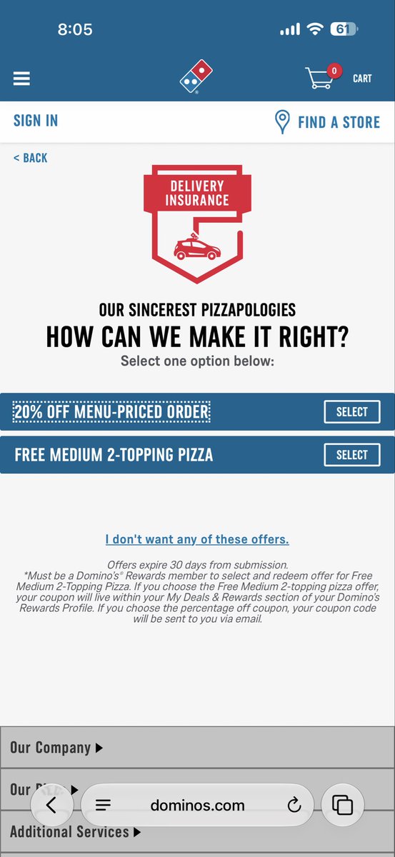 BrianDavisLA's tweet photo. @dominos My delivery order never arrived. I am attempting to make a claim with your delivery insurance and this is what it is offering. That isn’t enough. I need a refund. https://t.co/ocog6zgSPN