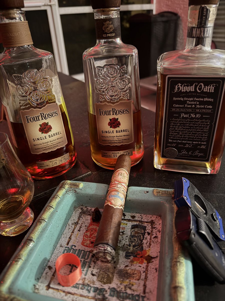 FLCigarLife's tweet photo. Enjoying a My Father La Promesia with a couple Four Roses Single Barrels and a Blood Oath Pact 10. Both were recommended as good pairings by AI, let’s see if they are any good. https://t.co/Oh6KCOEoeP
