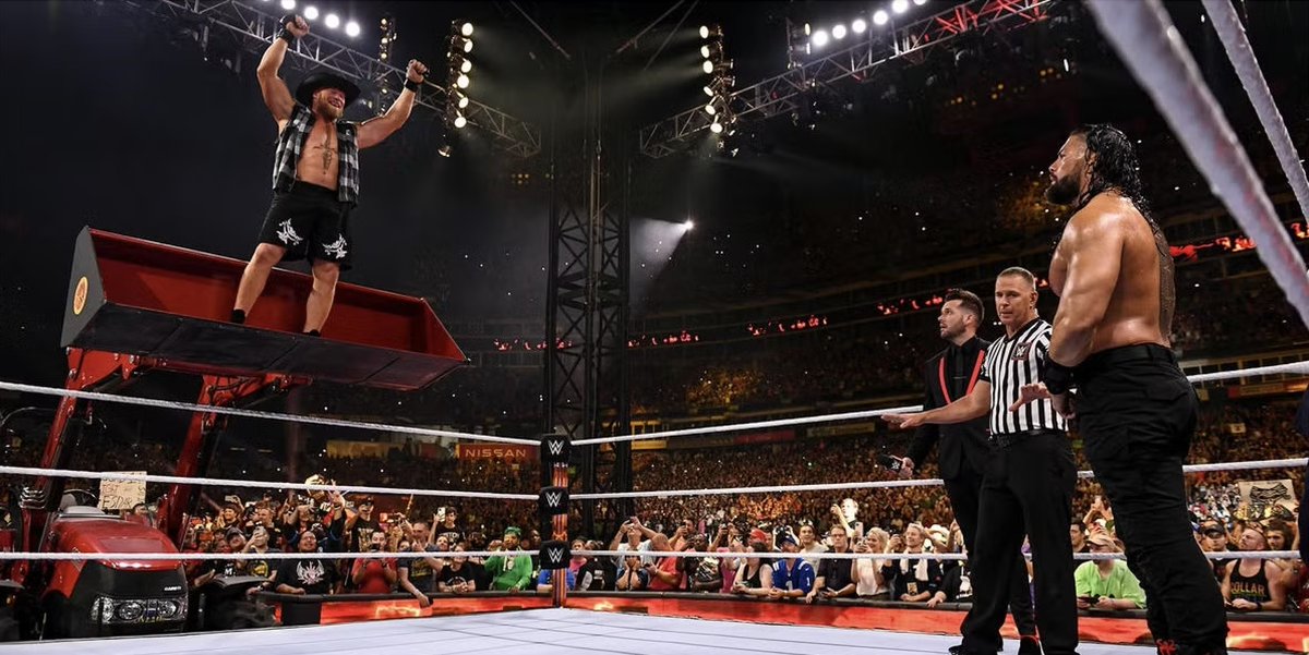 itsjoeykarni's tweet photo. Brock Lesnar broke out at #SummerSlam in 2002.

15 times he appeared/competed there. In 2026, he hands the reigns over to Oba Femi.

"This is the past and this is the future"- Brock Lesnar https://t.co/XNOiJ1qAUi
