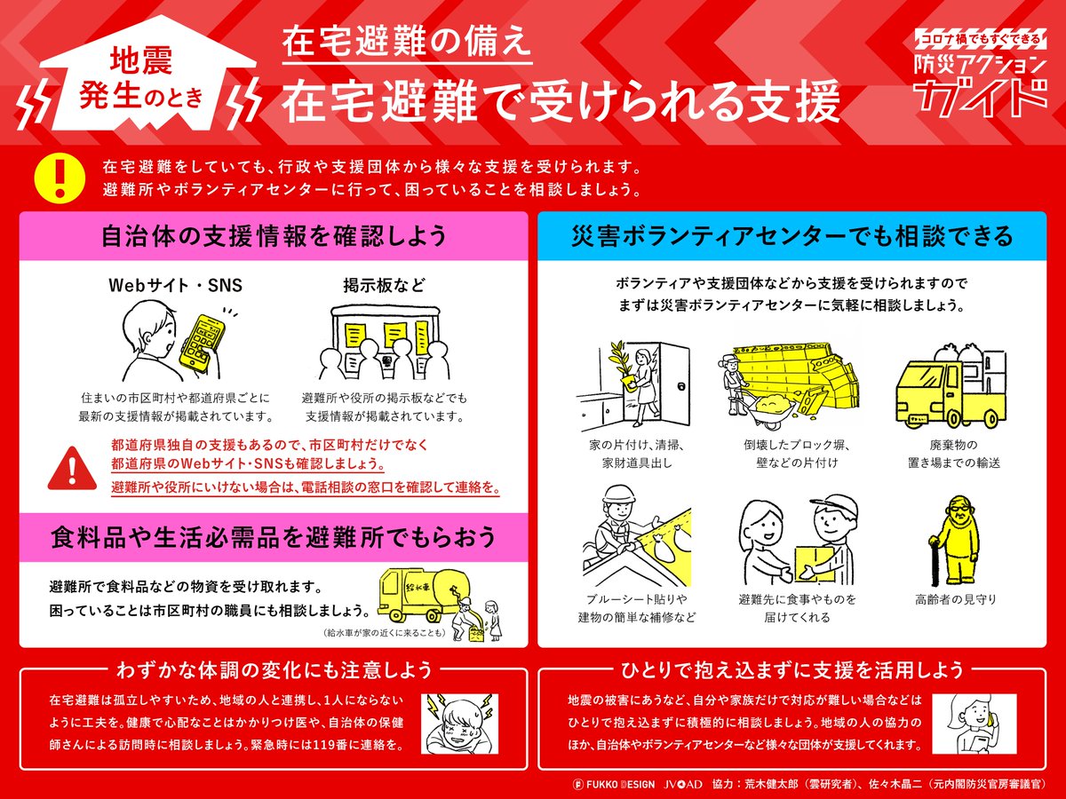 JVOAD1's tweet photo. JVOADは、防災アクションガイド「在宅避難の備え」を掲載しています。前半は風水害のとき、後半は地震のときに分かれています。安全性の確認や支援情報の確認などにぜひご活用ください。
https://t.co/yZdAZ3AMsa https://t.co/HuDE4JY01p