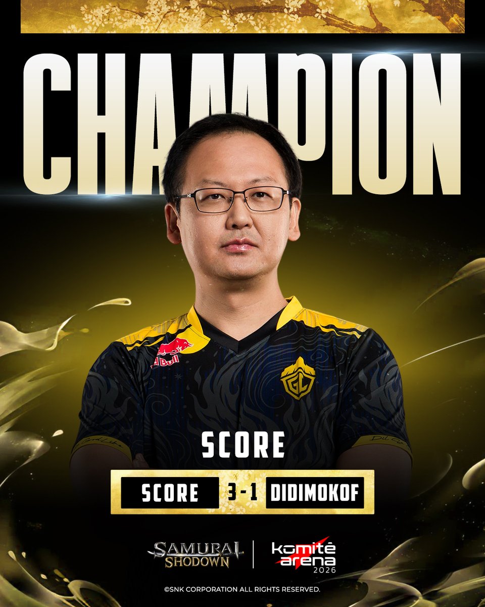 snk_esports_hub's tweet photo. THREE-TIME CHAMPION 🏆 SCORE wins it again in SAMURAI SHODOWN at #KomiteArena2026

And a thank you for all the finalists that made it to the TOP 8:
🥇 @score33333 
🥈 @didimokof 
🥉 @kleberyagami 
🏅 @Joeldonascime20 
🏅 Breno Yagami
🏅 @JulioMorales88 
🏅 @RenatoCHOPS12 
🏅 Andy https://t.co/e8hM45IP43