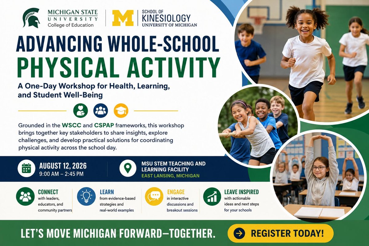 MSUCollegeofEd's tweet photo. Get ready, get inspired, get moving! Join us on 8/12 for an exciting collaboration between the MSU Office of K-12 Outreach (@MSU_K12), the Department of Kinesiology (#MSUKIN) and the UM School of Kinesiology (@UMKines). 

Registration closes 8/3: https://t.co/K6hFYlkJzs https://t.co/4yjqr3lwn0