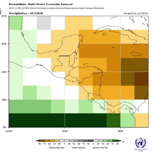 hidromet's tweet photo. Pronósticos de lluvia de muchos modelos ensamblados por la OMM para Agosto, Sept y Oct. en todos deficitario (zonas color café) en casi toda Centroamérica.... Zonas con lluvia (verde) en el Océano donde esta el agua muy caliente !!! https://t.co/0HtDMcoyxB