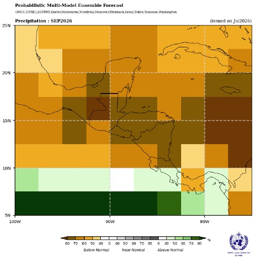 hidromet's tweet photo. Pronósticos de lluvia de muchos modelos ensamblados por la OMM para Agosto, Sept y Oct. en todos deficitario (zonas color café) en casi toda Centroamérica.... Zonas con lluvia (verde) en el Océano donde esta el agua muy caliente !!! https://t.co/0HtDMcoyxB