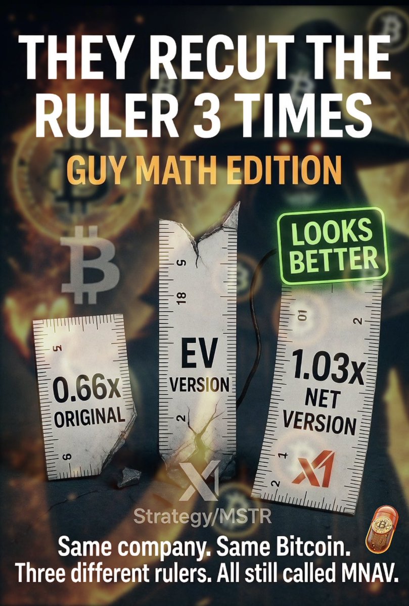 DailyOrangePill's tweet photo. Strategy just changed the numbers on the ruler three times so the company always looks "longer" on paper.
... Pure "guy math" 😄

Same company. Same Bitcoin. Three different rulers. All still called “MNAV.”

A ruler only works if it’s the same length tomorrow. Strategy didn’t pass the test — they just made the ruler 37 points longer so the dashboard still looks green.

That’s not transparency. That’s narrative management. 🧵👇🏼