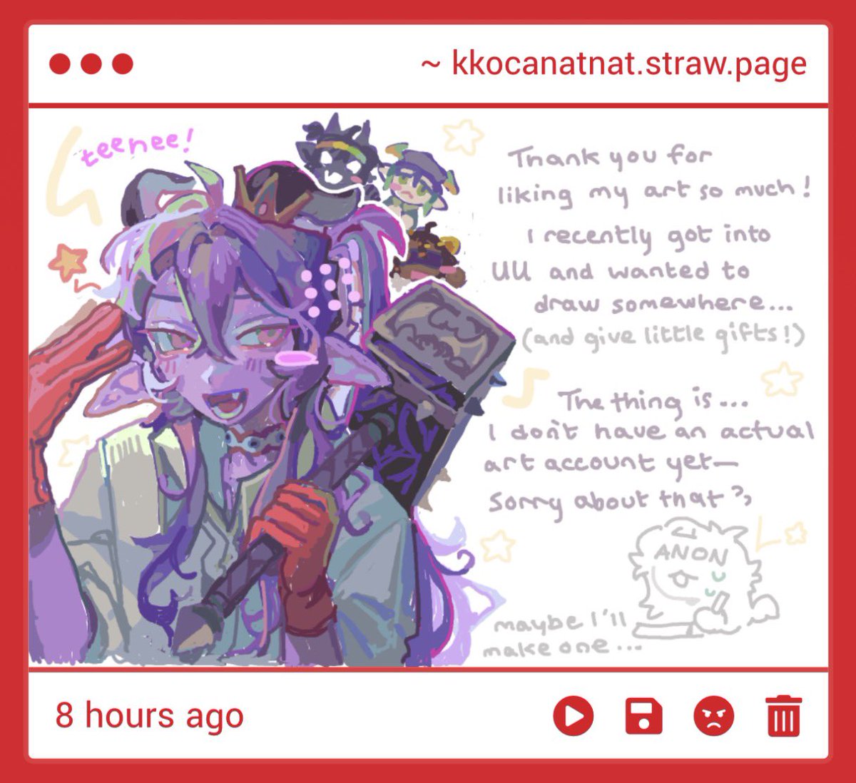 coconutdumpster's tweet photo. gahhhh i knew u didnt have an account yet but i diddnt wanna assume!! >< 

you should totally make one! id love to see more of your art!! https://t.co/kwlrCe2qWj