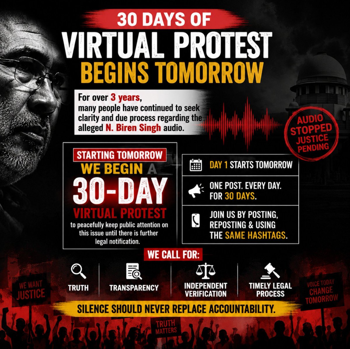 AriesHaoneoKuki's tweet photo. Evidence should be examined—not ignored.
Questions surrounding the N. Biren Singh audio issue deserve proper legal attention and a clear resolution.
#30DaysOfVirtualProtest #SupremeCourtIndia #NBirenSinghAudioIssue https://t.co/AipimKZJ1p