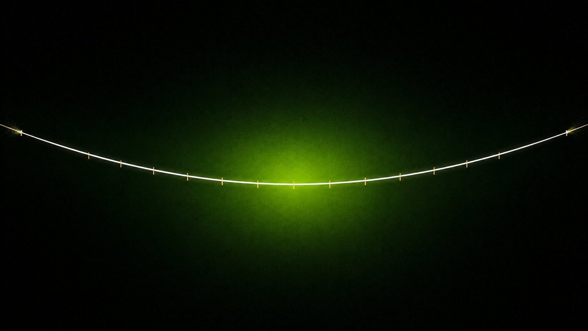 Nockdaq's tweet photo. No candles anywhere in this product. No green line pointing up and to right, no bulls, no robots, none of visual vocabulary every trading interface reaches for by default.

Bowstring is price line. Tension is wait before a fill. Depth gets drawn along string instead of as mountains stacked on either side of it. 
Palette is ink, forest, one signal green for live range, brass for string itself, red reserved strictly for warnings.

Half of that is aesthetic preference and we will admit it. Other half is functional. 
A candle chart trains your eye toward last five minutes, and every decision this product asks you to make lives weeks ahead of that: which earnings date to sit out, what happens on a half day in November, whether your range should be awake on a Sunday.

Interface that screams at you about a five minute wick teaches wrong instinct for an asset that stops trading at four o'clock. So we drew a different one.