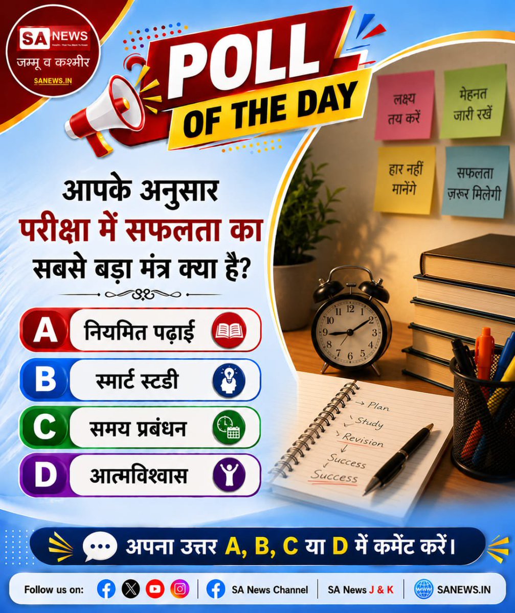 sanewsjk's tweet photo. 📚 Poll of the Day!
आपके अनुसार परीक्षा में सफलता का सबसे बड़ा मंत्र क्या है? 🤔
A, B, C या D में अपना जवाब कमेंट करें! 👇
#PollOfTheDay #ExamSuccess #StudyTips #Students #Education #SmartStudy #TimeManagement #Motivation #Success https://t.co/9cos1xAHVp