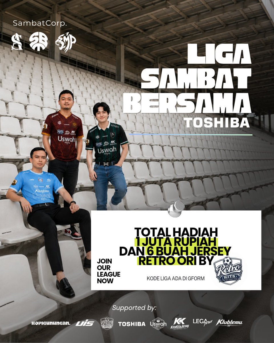 sambat_academy's tweet photo. 𝐋𝐢𝐠𝐚 𝐒𝐚𝐦𝐛𝐚𝐭 𝐁𝐞𝐫𝐬𝐚𝐦𝐚 𝐓𝐨𝐬𝐡𝐢𝐛𝐚

Liga Sambat hadir kembali memeriahkan khasanah per-FPL-an di Indonesia.

Kali ini kami datang dengan kolaborasi lebih besar, tak hanya @SambatFPL X @sambat_academy atau dengan keluarga baru @SMBTpadjadjaran saja.

Untuk pertama kalinya, kami berkesempatan menjalin kerja sama dengan mitra di luar ekosistem SambatCorp Family.

Suatu kebanggaan bagi kami dapat bermitra secara langsung dengan brand ternama seperti @toshibatv_id

Tak hanya Toshiba, kami juga hadir dengan support penuh dari beberapa UMKM juga komunitas digital dalam menghadirkan hadiah yang lebih besar untuk peserta Liga Sambat kali ini.

Langsung saja, simak cara ikutannya dibawah.

Jangan lupa RT, LIkes, Reply dan Mention temanmu.