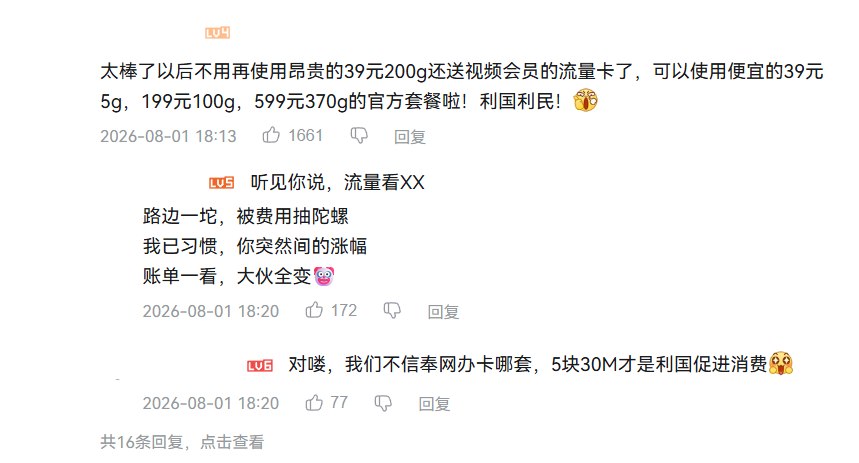 whyyoutouzhele's tweet photo. 8月1日，央视频账号发布“三大运营商停止第三方互联网渠道办卡”的相关视频，引发大量网友不满。

评论区内，多名网友担忧，第三方渠道被叫停后，低价大流量套餐将逐渐消失，消费者只能选择运营商官方渠道价格更高、流量更少的套餐。

“太棒了，以后不用再使用昂贵的39元200G流量卡了，可以使用便宜的39元5G、199元100G、599元370G的官方套餐啦！”

“三家一起商量好研究怎么圈钱，那分这三家还有什么意义？”
“占位置的显得有市场竞争，看起来像是文明进步的。”

“打击电诈和套餐贵不贵没有任何冲突，为什么不降低流量资费？”
“网上不让办可以去营业厅人脸实名办理，只要价格优惠。”

“又开动脑筋促进经济了”
“我们不说垄断，我们说竞合”
“越来越收缩，越来越集中，满意度也会越来越高”
“还记得提速降费不？”