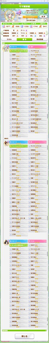 omega9sp's tweet photo. ウマ娘

逃げマイル特化
白42有効25
┣白44有効29
┗白41有効28
のスピ9ウマできたっ

何気にこれ１体で芝ダート両方完全適正狙えるので結構優れもの（だと思っている）

作成開始から７か月かかったけど、それほどの価値があるかはわからぬ

代表ウマに置いておくのよ

トレーナーID：186695152 https://t.co/OlSo33jkhB
