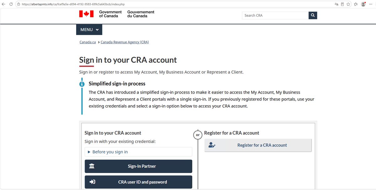 Naouxq7's tweet photo. Phishing targeting @CanRevAgency and 🇨🇦 users.
https://albertapmts[.]info/
@cloudzyvps @CanRevAgency Please investigate.
cc @malwrhunterteam @illegalFawn @JCyberSec_  @Stalkphish_io https://t.co/CzeFcr6EIz