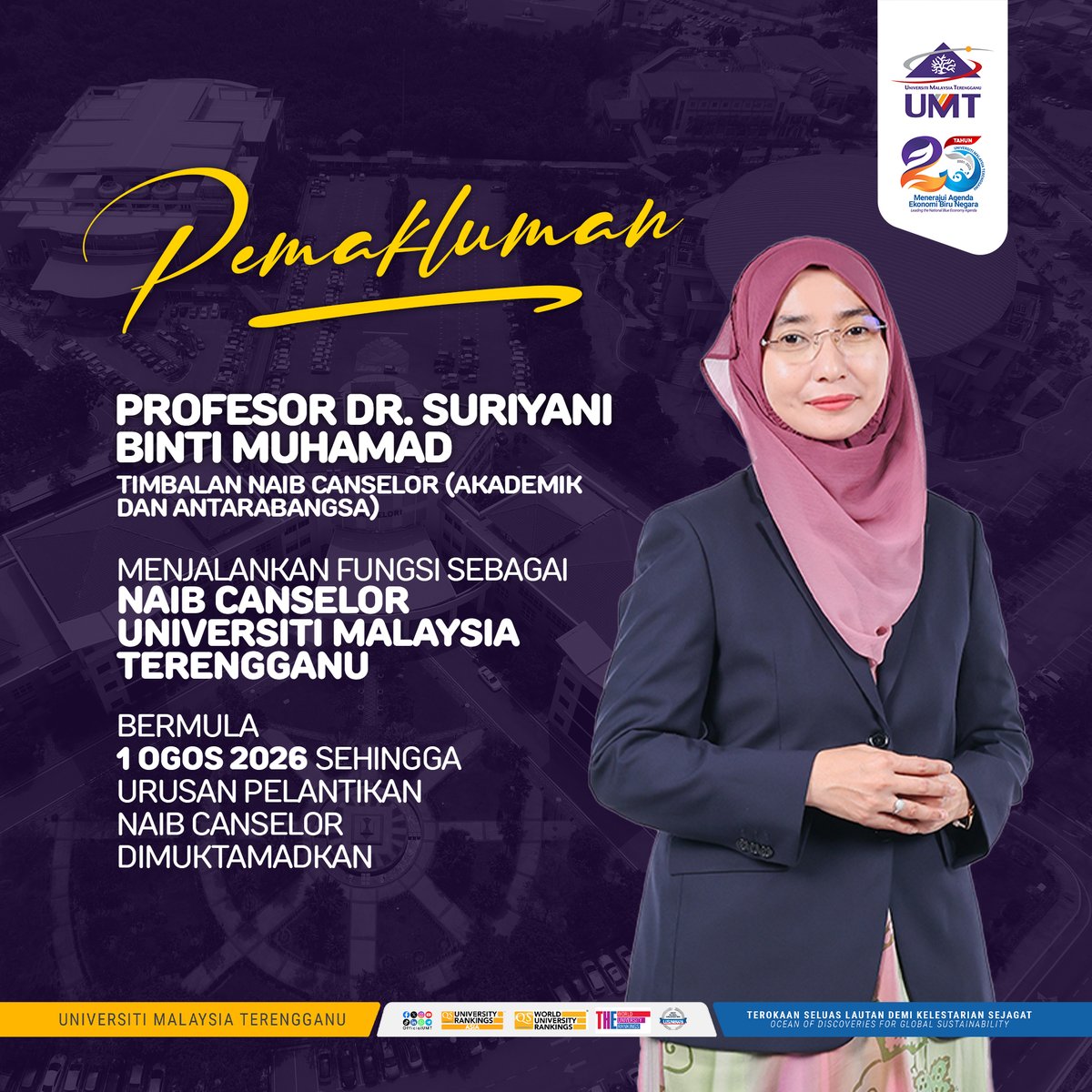 UMT_Official's tweet photo. Sekalung tahniah kepada Prof. Dr. Suriyani binti Muhamad di atas pelantikan menjalankan fungsi Naib Canselor Universiti Malaysia Terengganu. https://t.co/4ImZ37Krxi