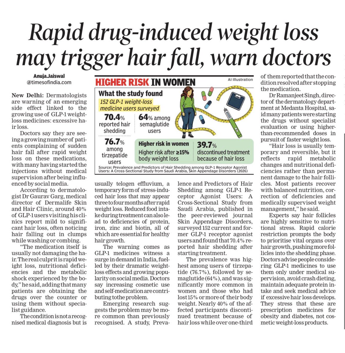AnujaJaiswalTOI's tweet photo. A temporary form of stress-induced #hairloss that typically appears three to four months after rapid #weightloss. Reduced food intake during treatment can also lead to deficiencies of protein, iron, zinc and biotin, all of which are essential for healthy hair growth. The warning comes as #GLP-1 medicines witness a surge in demand in India, fuelled by their dramatic weight-loss effects and growing popularity on social media. Doctors say increasing cosmetic use and self-medication are contributing to the problem. @timesofindia