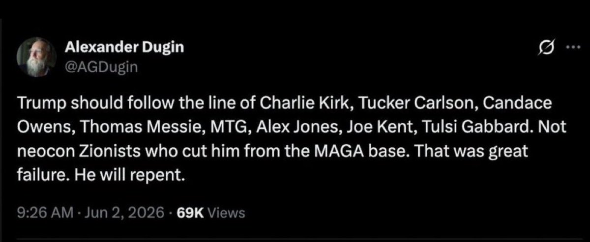 CallmeAL21's tweet photo. @jpstump @GBNT1952 I beg to differ -at least about the powerful ones behind the scenes as in Dugin.   Can’t convince me he isn’t behind massie Tucker Candace and company and this new uniparty https://t.co/HnO3nMRISB