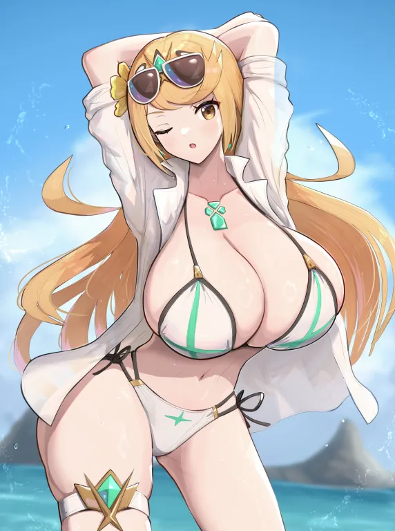 Ample_Aegis's tweet photo. Ever since the last meet up they had, Mythra had been kicking it up in the sweets department, Currently would be licking a double chocolate on a cone as she rested on a towel. https://t.co/lJYFjD1eTR