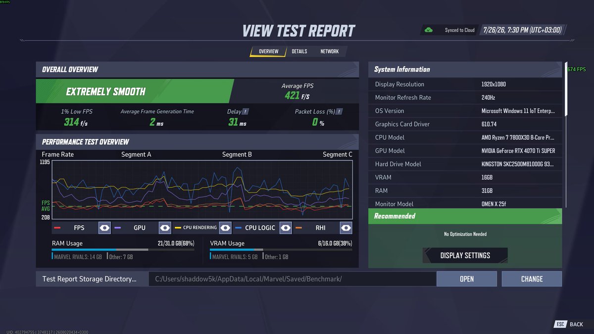 shaddow5k's tweet photo. No competitive player is settling for 100 FPS, and Frame Gen just adds latency. 240Hz+ is the baseline today.

Surreal that a ~$1.9k PC (7800X3D + 4070 Ti Super) dips below 240 1% lows stock in-game.

P.S. Made a 100% FREE mod to fix frame stability (check stats 👇) https://t.co/AHZJGDgL0T