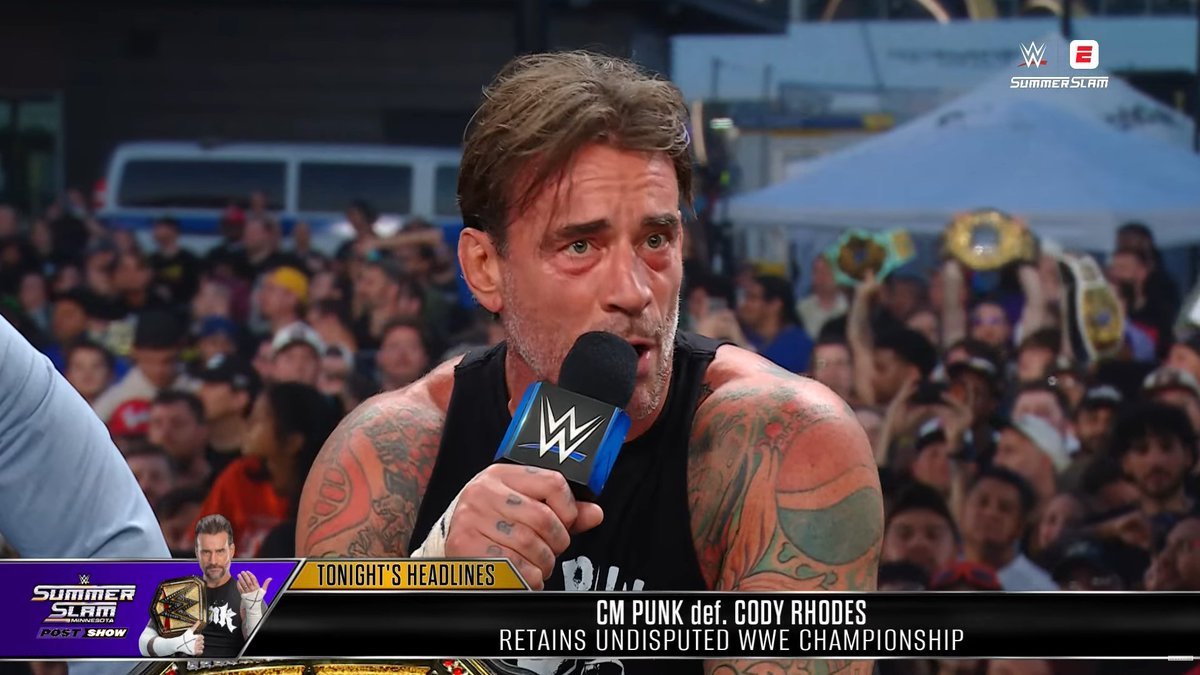RhodesKotaEra's tweet photo. CM Punk on the defending his title on the Summerslam Post Show:

"I'll go to #WWERaw and wrestle, they need the ratings boost" 

💀💀💀💀💀💀 

#Summerslam https://t.co/IbxgBQevdo