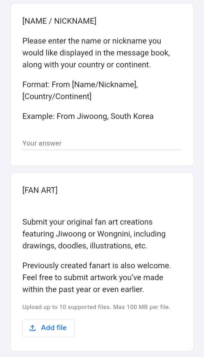 KJWBRAND_'s tweet photo. Everyone please take a moment to fill out the Debut 10th Anniv. Message Book prepared by @gkjw_! It doesn't take long &amp; Jiwoong will feel loved!

🗓️Aug 4

You can write a message (max 350 ch), short anniv. wish, submit any fanart you've ever made, or your Jiwoong/Woongnini photos https://t.co/RYbgABDL94