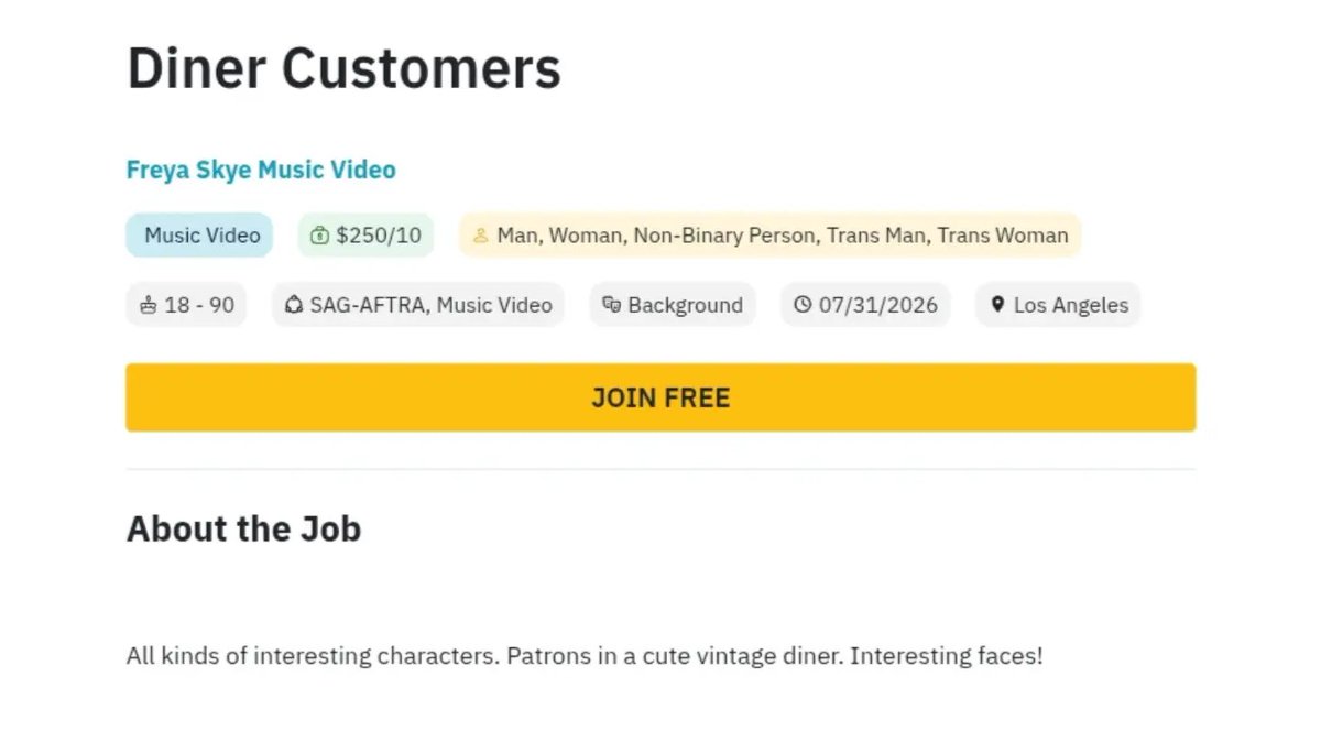 Freyaskyevr's tweet photo. ⌗ 🚨 RUMOR. 

A fan found a casting call on Casting Networks for a Freya Skye music video to be filmed in Los Angeles.

Unfortunately, the deadline was July 31st, so you can no longer apply. https://t.co/fhuixZ3G8v