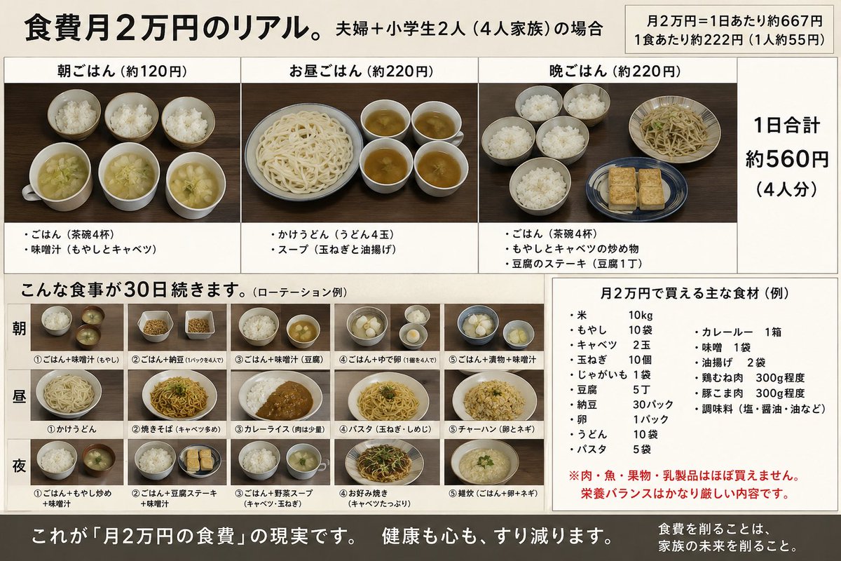 manmadailytweet's tweet photo. 家族4人で食費月2万の献立ってコレだからね。
これを365日続けるってどう思いますかってことだよね。 https://t.co/XV3WirxmOI