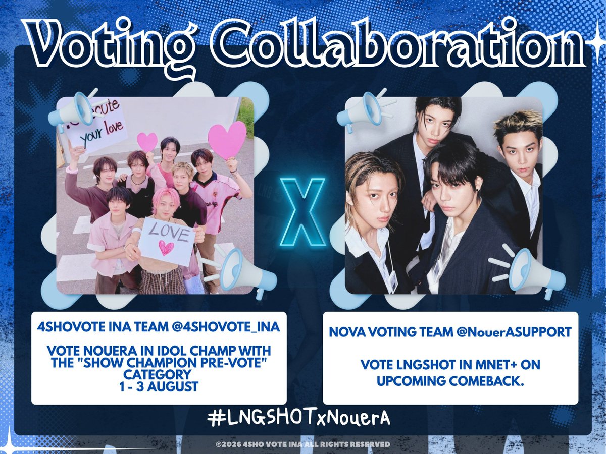 4SHOVOTE_INA's tweet photo. 📢 HARI KE-2 VOTING COLLABORATION #LNGSHOTxNoeurA 🥳

👋🏻 Hai, Shotties-deul! 😆💙

4SHOVOTEINA resmi mengumumkan kalau kita mengadakan voting collaboration dengan @NouerASUPPORT 😋😍💙

Kali ini, Shotties akan membantu vote NouerA di aplikasi IDOL CHAMP untuk Show Champion kategori  "Pre-vote Open."

Sebagai gantinya, Nova Voting Team akan membantu vote LNGSHOT di MNET PLUS untuk comeback EP2 mendatang. 🤝💙

👇🏻 Jangan lupa drop proof voting  kalian di kolom reply dengan hashtag dan contoh proof yang minvote berikan di kolom reply:
#LNGSHOTxNoeurA

🗳️: 1 Vote Ticket = 5 Blue Chamsim 🩵
🎯: 1.500+ Vote Tickets 
⌛: 1–3 Agustus 2026 (12.59 WIB)
🔗: https://t.co/U0x1EsVInF

Yuk ramaikan collab ini dan tunjukkan kekuatan Shotties! 🔥💙

#LNGSHOT #롱샷