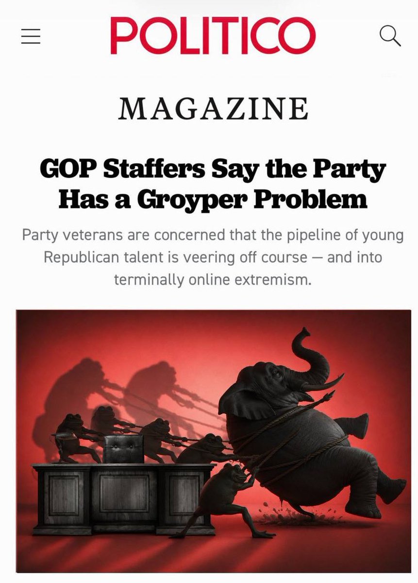 MarioNawfal's tweet photo. 🇺🇸 GOP staffers are warning about groypers in their ranks, and the promises the party broke help explain it

Politico reports Republican veterans fear the young talent pipeline is drifting toward Nick Fuentes and the online far right. 

Estimates of the scale run from negligible to 75 percent of Gen Z staffers, which tells you nobody has actually counted.

The frustration underneath is easier to trace. 

That generation was promised mass deportations, no new wars, and American interests ahead of everyone else's. 

It got an Iran war two-thirds of the country now calls a mistake, deportation totals short of target, and what it sees as a party more responsive to Israel than to voters at home.

Charlie Kirk's death left a vacuum in that space and Fuentes has taken much of it. 

The bind for both parties is real. 

Polling shows most young conservatives reject antisemitism while cooling sharply on Israel, so applying one label to both hands Fuentes his strongest recruiting pitch.

Source: Politico / Writer: Daniel