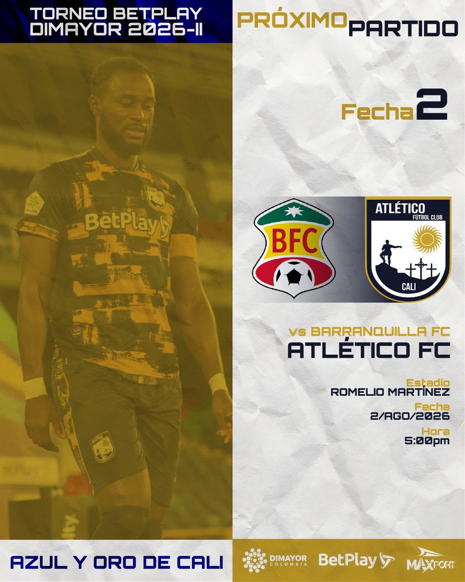 AtleticoFCSA's tweet photo. TorneoBetPlay2️⃣-2️⃣0️⃣2️⃣6️⃣ ⚔️ ¡FECHA 2!
@barranquillafc 🆚 @atleticofcsa
📅 Domingo 2 de agosto de 2026
⏰ 5:00p.m.
🏟️ Romelio Martínez 
#VamosAtléticoFC☀️ https://t.co/CPL5PNgIDl