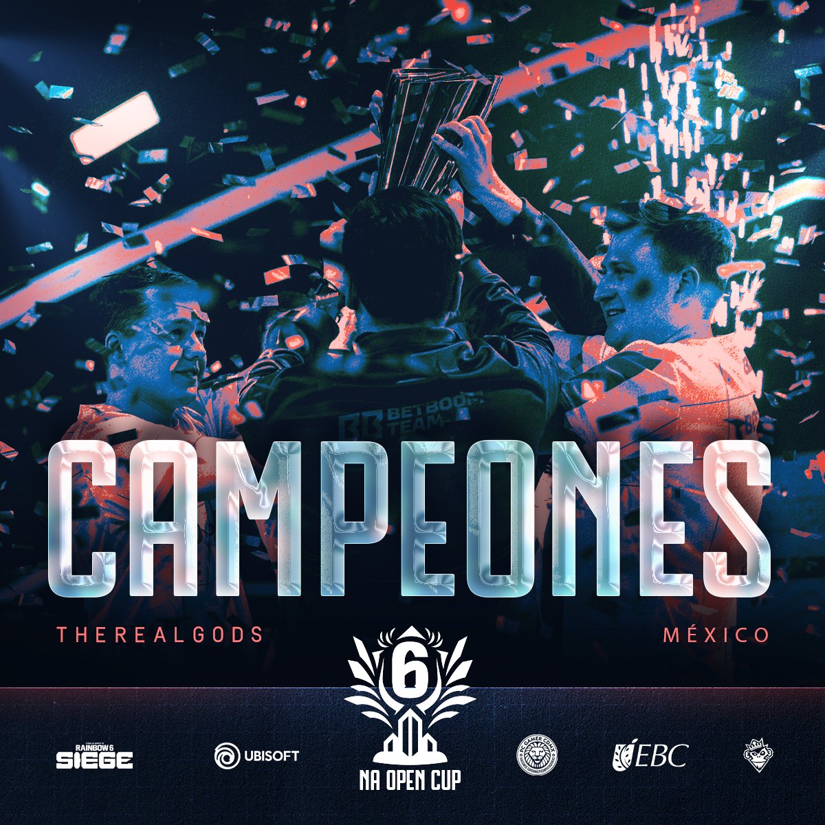 R6esportsES's tweet photo. 🏆 CAMPEONES #R6NAOPENCUP MÉXICO 🏆

 ⭐️ THEREALGODS ⭐️

¡Les deseamos la mejor de las suertes en Salt Lake City!

#R6enEspañol https://t.co/IYzfrDxCtH