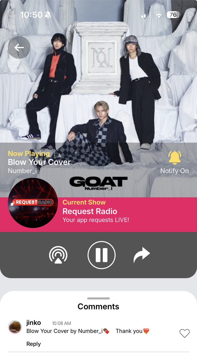 jinkokukare's tweet photo. @channelrradio Hello! @channelrradio 
Thank you for playing.
#BlowYourCover by #Number_i
I love this song very much 🍫
#ChannelRRequestRadio https://t.co/ayipZRoVwP