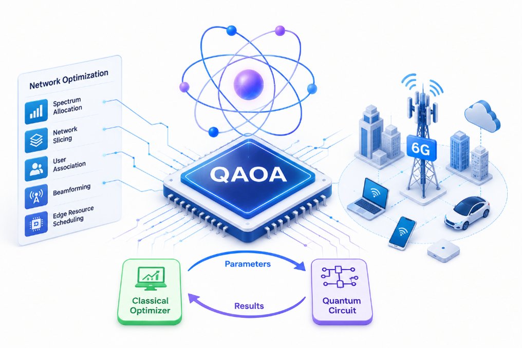 Tensor_Qxentrix's tweet photo. QAOA solves QUBO optimization problems on NISQ quantum processors using quantum superposition and entanglement. A key enabler for intelligent 6G resource allocation, beamforming, and network slicing
#QuantumOptimization
#NetworkOptimization
#6GTechnology
#QuantumAI
#NISQ https://t.co/gaBEjgZDWP