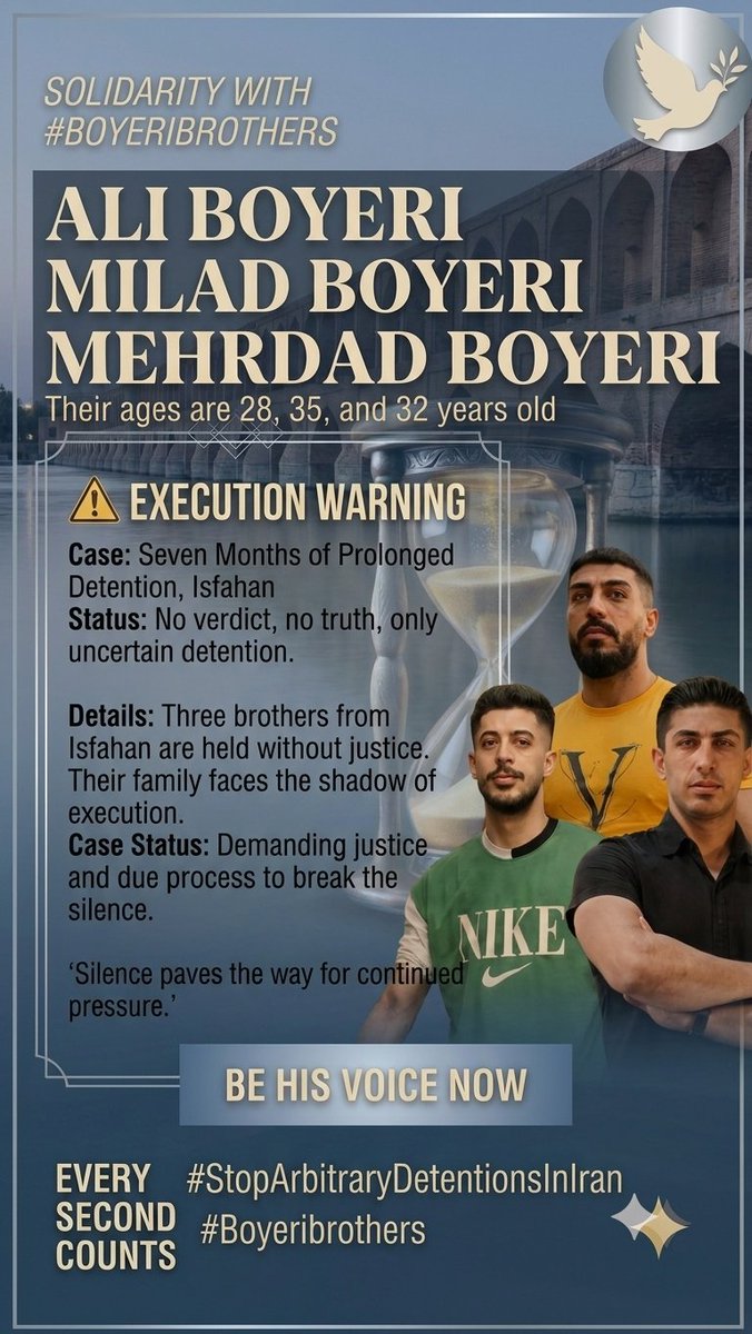 VianaAriayi's tweet photo. 🆘🚨15 innocent civilans from Isfahan have been sentenced to death with injustice
their voice before it is too latee

Setayesh Saedi
Armin Gholami
Mehdi Asadi
Ali Boyeri
MehrdadBoyeri
Milad Boyeri

#ShohadaSquare
#StopExecutionsInIran
#میدان_شهدا https://t.co/nb9nFAvp7x