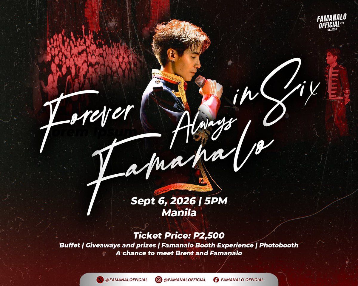 FAMANALOFFICIAL's tweet photo. FaMANALO at Six: Fan Meet with Brent Manalo 🀄️

We are excited to officially open FaMANALO's 6th Anniversary Fan Meet to non-FaMANALO and non-Babies of Brent members who love and support Brent! If you've always wanted to meet Brent, connect with fellow Lovers, and be part of this memorable celebration, this is your chance!

🗓️ Date: September 6, 2026
🕔 Time: 5:00 PM onwards
📍 Venue: Manila (The exact venue will only be shared with confirmed attendees.)
🎟️ Registration Fee: ₱2,500

Inclusions:
🍽️ Buffet
🎁 Exclusive FaMANALO giveaways and exciting prizes
🎪 FaMANALO booth experience
📸 Unlimited Photobooth access
❤️ A chance to meet Brent and fellow FaMANALO members

Register here:
https://t.co/rx7YoUS18S

Important Reminders:

The reservation website will remain open until all slots are filled. The website is for reservation purposes only, and slots are limited.

If you successfully secure a slot, you will receive an email containing the payment details from famanalofc09@gmail.com. This is the only official FaMANALO email address, and payments will only be accepted through the official FaMANALO account and QR code. Please verify all payment details before sending your payment to avoid scams.

To confirm your reservation, the ₱2,500 registration fee must be paid within 24 hours of receiving the payment instructions.

No Refund Policy
If you are unable to attend due to a change in schedule or any other reason, your registration fee is non-refundable. However, you may transfer your slot to another eligible attendee. Please notify us immediately so we can update the registration details. Failure to inform us will result in the forfeiture of your slot.

Celebrate six wonderful years of FaMANALO with us! We can't wait to create unforgettable memories with Brent and all of you. See you there!
